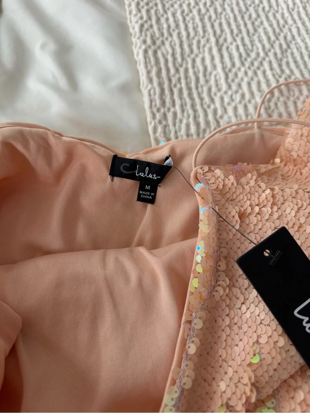 lulus Peach Sequin Ruffle Off-Shoulder Girls Dress - Picture 2 of 3